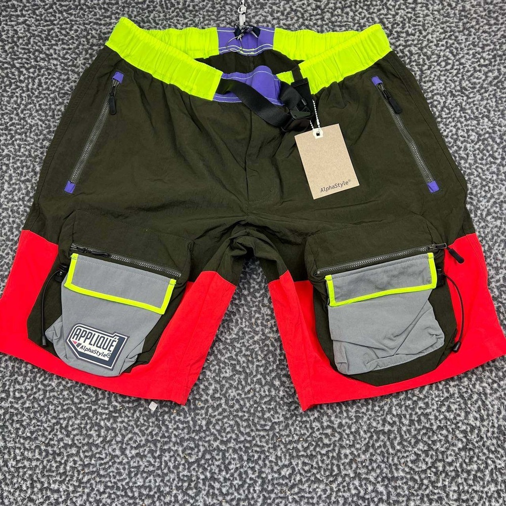 AlphaStyle Applique Cargo Shorts Men XL Green Red Neon Zip Pockets New